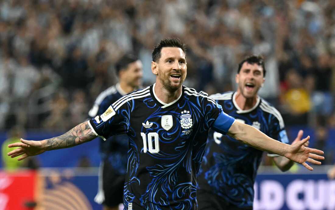 Argentina forward Lionel Messi celebrates scoring his team's third goal during a group match against Jordan on Saturday. It was his sixth goal of the tournament, and record 19th overall World Cup goal.