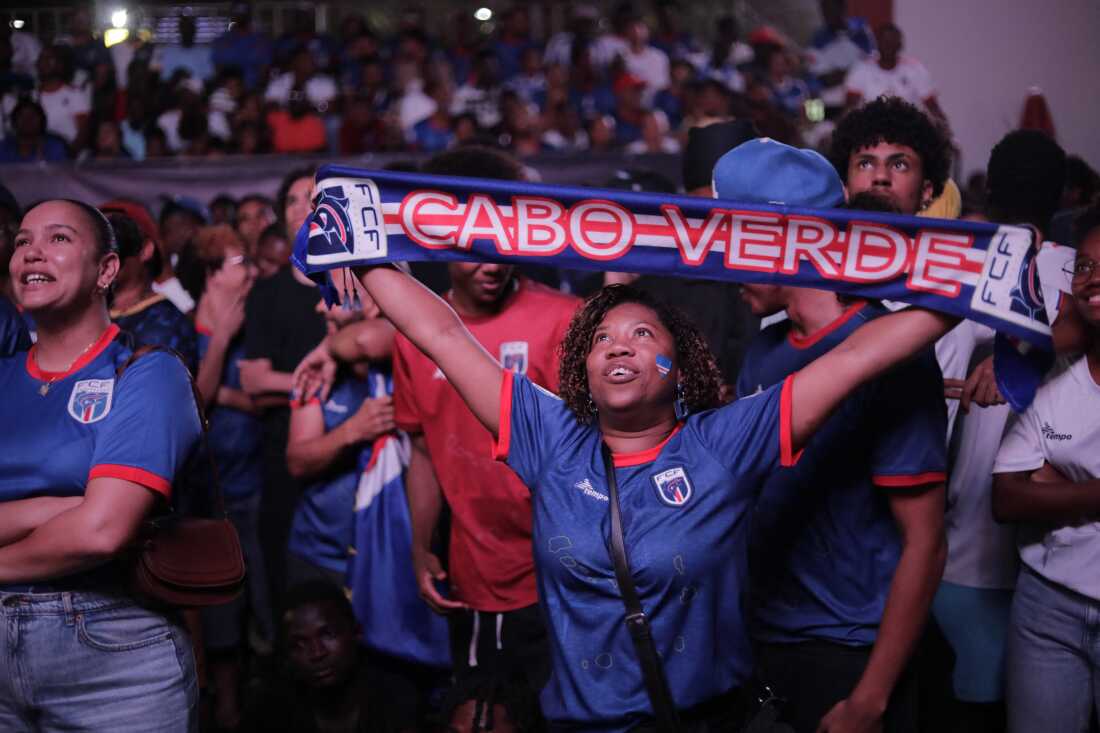 A supporter of Cape Verde's national football team reacts as she watches the 2026 World Cup group match against Saudi Arabia on Friday.