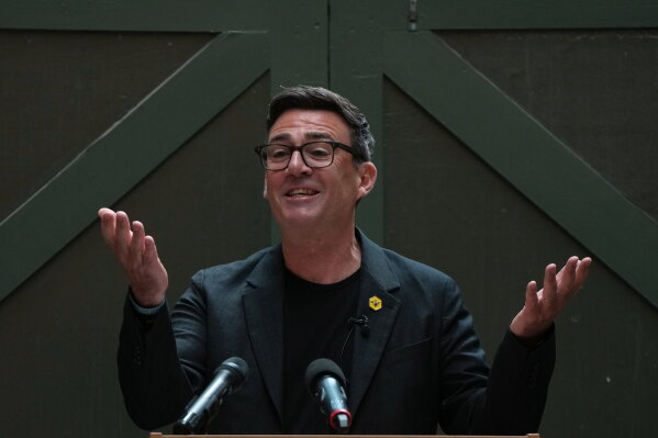 Labour party's Andy Burnham delivers a speech at the People's History Museum in Manchester, England, Monday, June 29, 2026.(AP Photo/Alastair Grant)