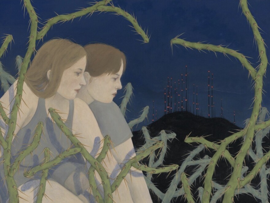 painting of two people to the left, sharp long cactuses all around and a mountain with lights in the background
