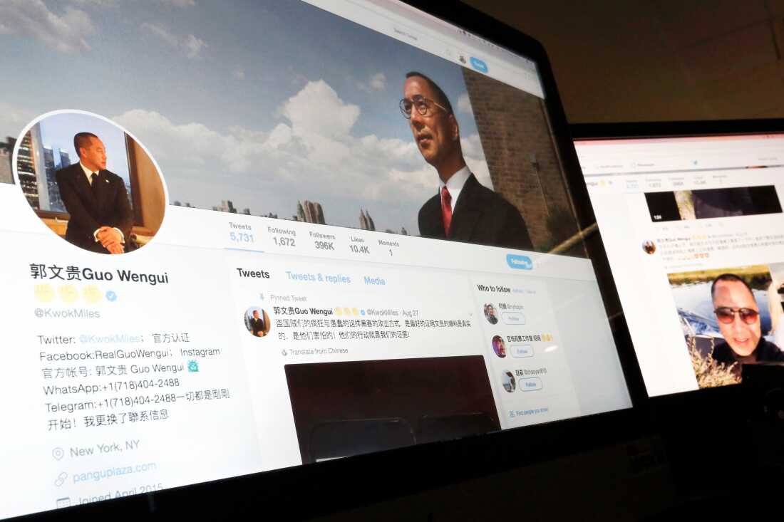 FILE - A Twitter page of Chinese exiled businessman Guo Wengui is seen on a computer screen in Beijing, Aug. 30, 2017.