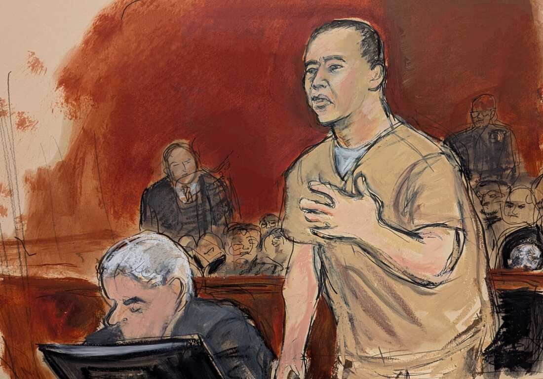 In this courtroom sketch, Guo Wengui, Chinese business tycoon, makes his sentencing statement at Manhattan federal court in New York, Monday, June 29, 2026.