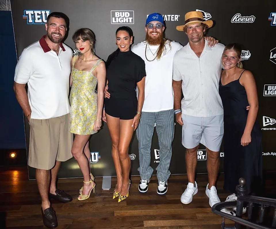 From left to right: Travis Kelce, Taylor Swift, Claire Kittle, George Kittle, Greg Olsen, and Olsen’s daughter, TalbotCredit: Tight End University (TEU)/Instagram