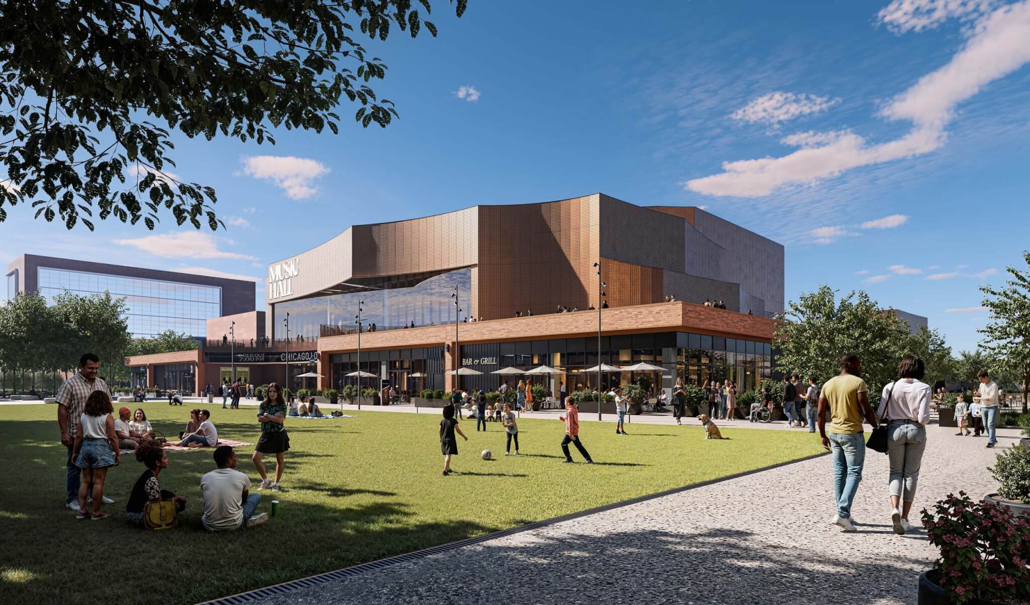 Daytime rendering of the 1901 Project music hall in Chicago