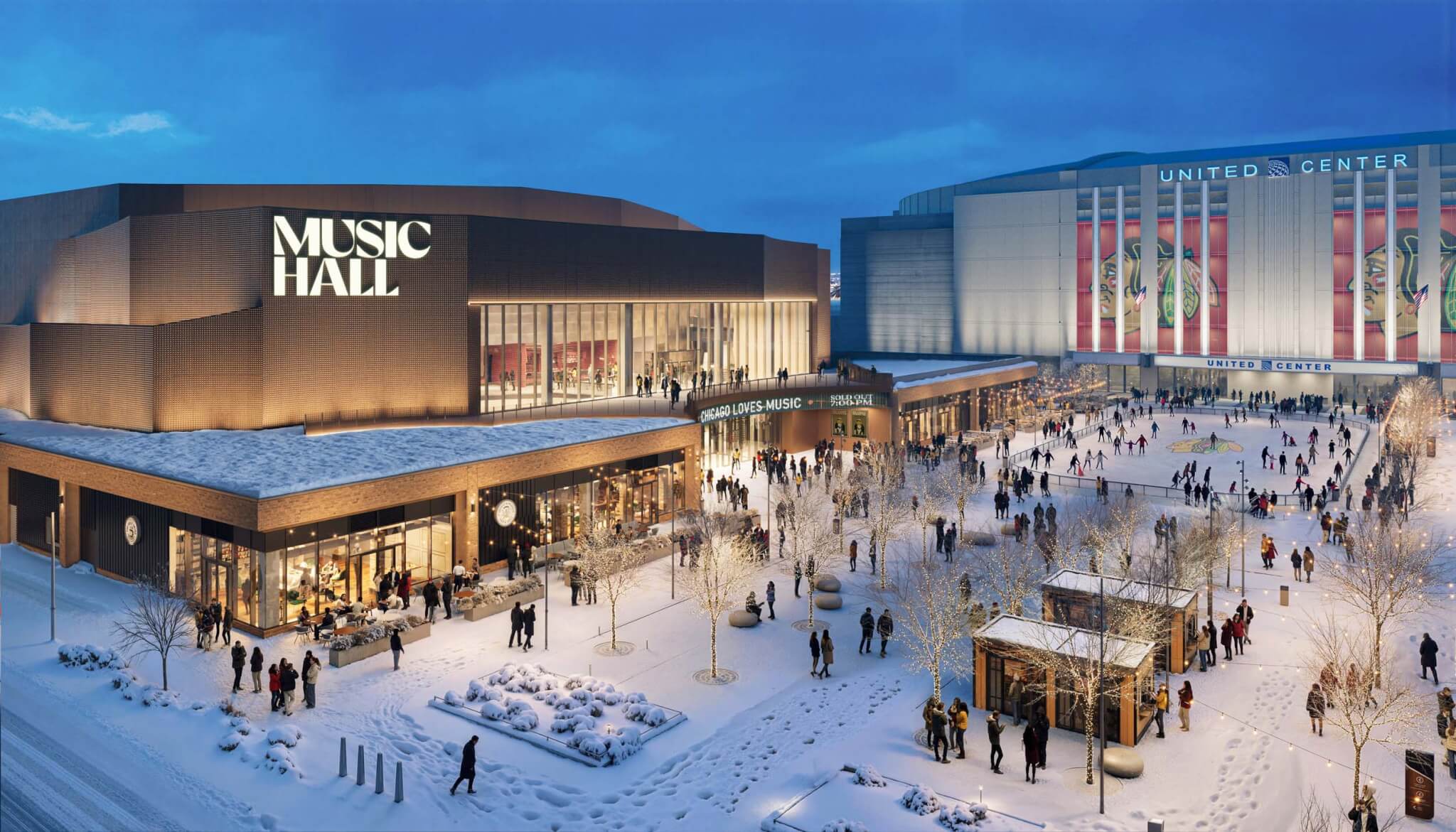 Evening winter rendering of the illuminated 1901 Project music hall