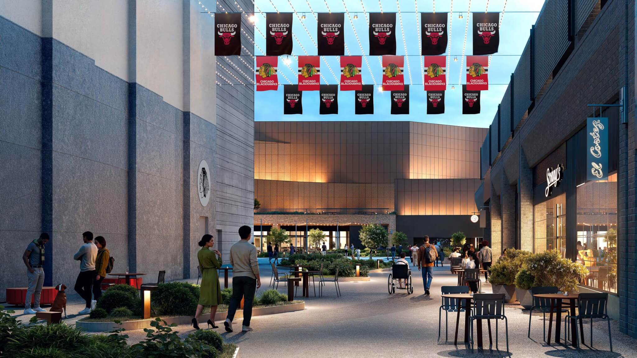 Dusk rendering of a pedestrian paseo at the 1901 Project