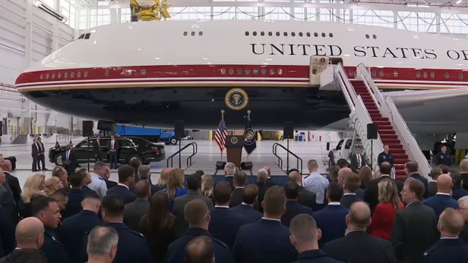 President Donald Trump introduces new Air Force One plane after Boeing 747 retirement; jet donated by Qatar