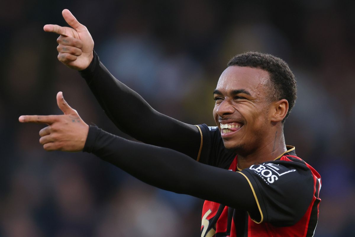 Eli Junior Kroupi of Bournemouth celebrates after scoring a goal to make it 1-0 during the Premier League match between Bournemouth and Manchester City at Vitality Stadium