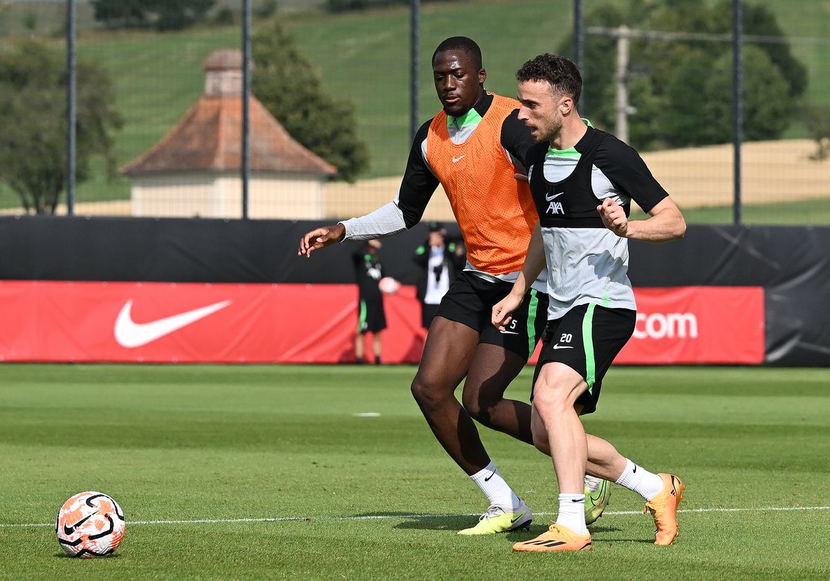 Ibrahima Konate and Diogo Jota during a Liverpool training session