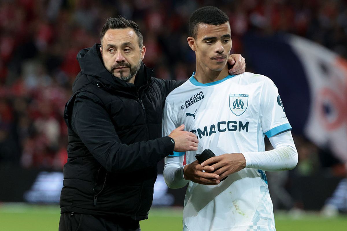 Coach of Olympique de Marseille Roberto De Zerbi, Mason Greenwood of Marseille following the Ligue 1 football match between Lille OSC (LOSC) and Olympique de Marseille (OM) at Stade Pierre Mauroy, Decathlon Arena on May 4, 2025 in Villeneuve d'Ascq near Lille, France