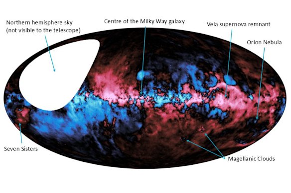 The map superimposed over our night sky. Red areas indicate where magnetic fields are pointed towards us, while blue areas are where they’re pointed away.