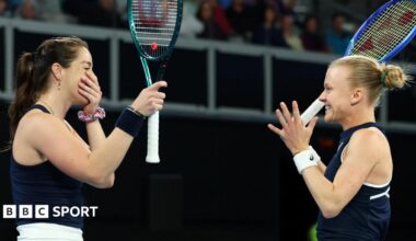 Harriet Dart and Jodie Burrage celebrate securing Great Britain's place at the BJK Cup finals