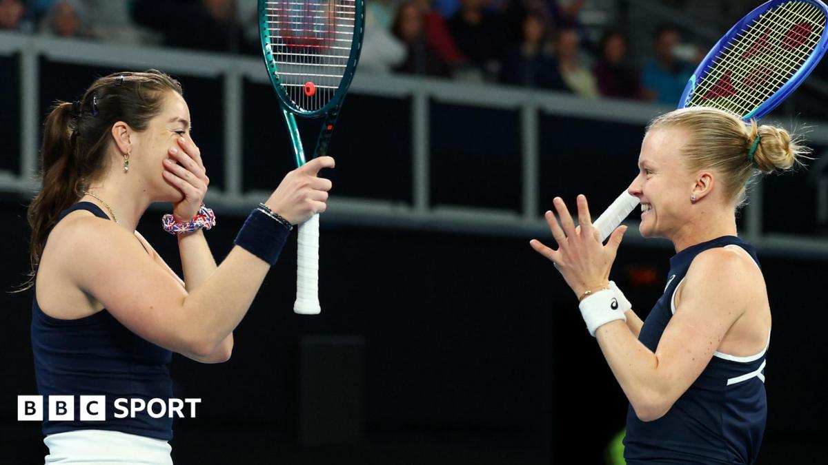 Harriet Dart and Jodie Burrage celebrate securing Great Britain's place at the BJK Cup finals