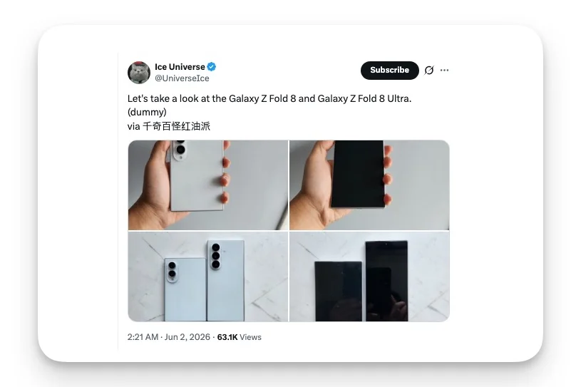 Galaxy Z Fold 8 (wide) + Galaxy Z Fold 8 Ultra dummy units