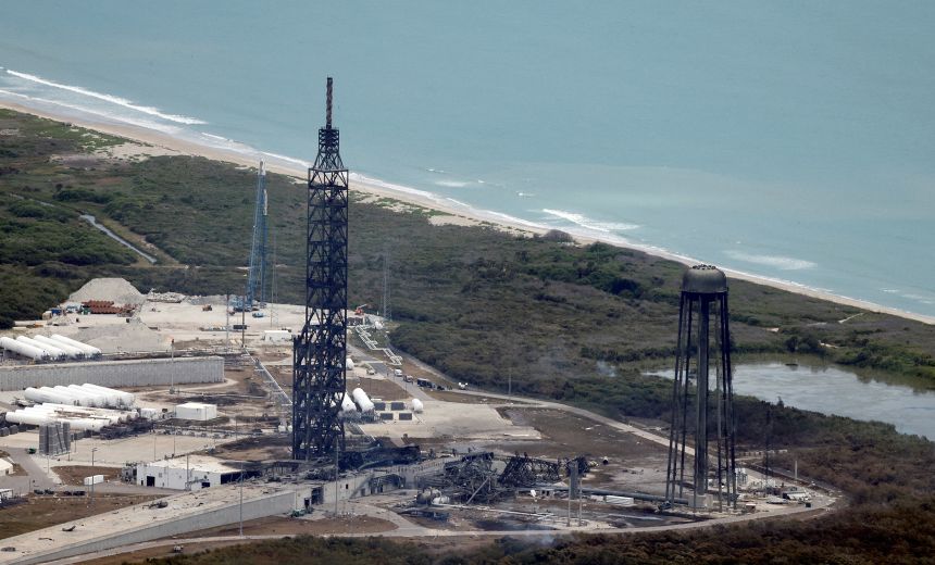 Damage at the site of a launchpad as seen on May 29 after an uncrewed Blue Origin New Glenn rocket exploded during a test at the Cape Canaveral Space Force Station in Cape Canaveral, Florida. REUTERS/Joe Skipper