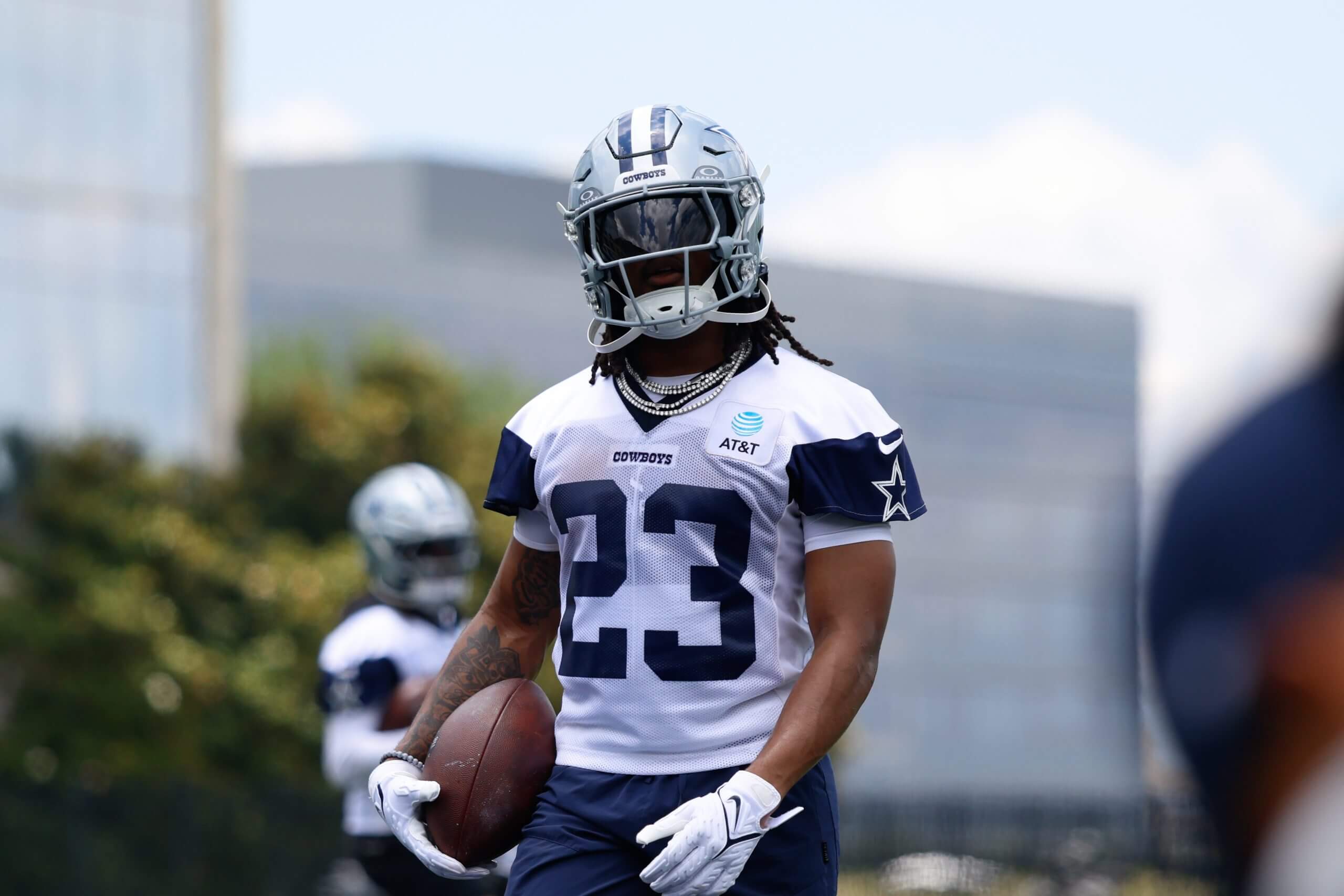 Dallas Cowboys running back Jaydon Blue (23) goes through a drill during practice at the Ford Center at the Star Training Facility in Frisco, Texas.