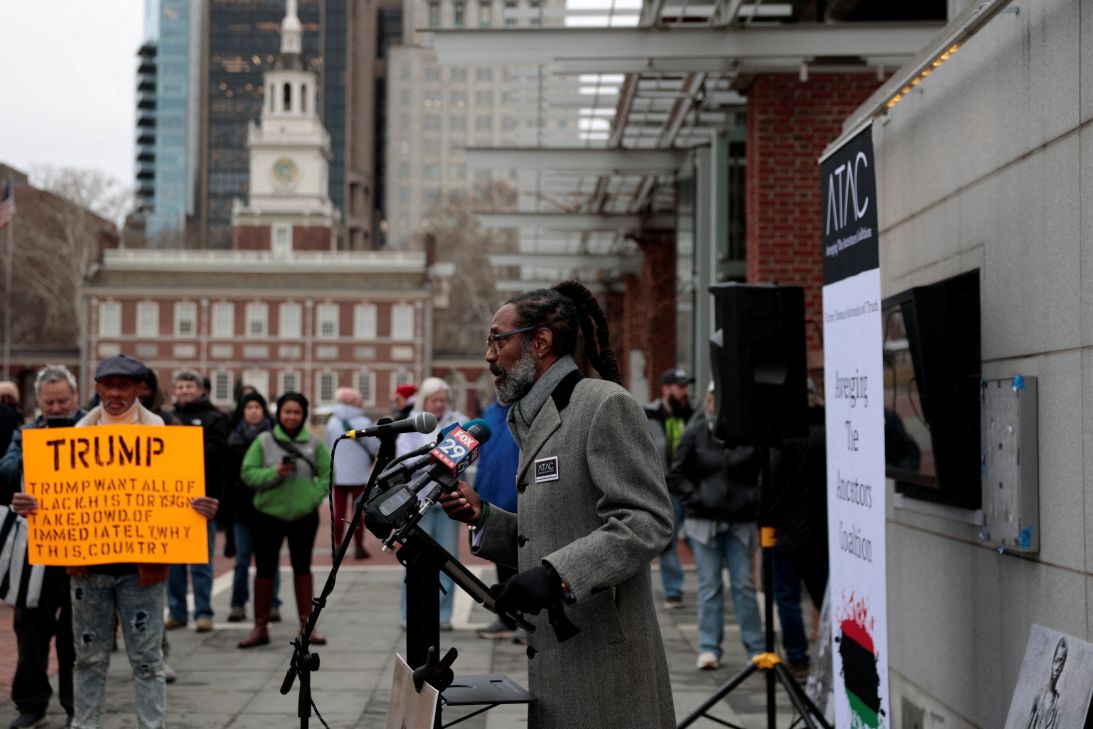Michael Coard, attorney and founder of the Avenging the Ancestors Coalition, speaks after National Park Service workers reinstalled a slavery exhibit at the President's House following a judge's order to reinstall it in Philadelphia, Pennsylvania, on February 19.