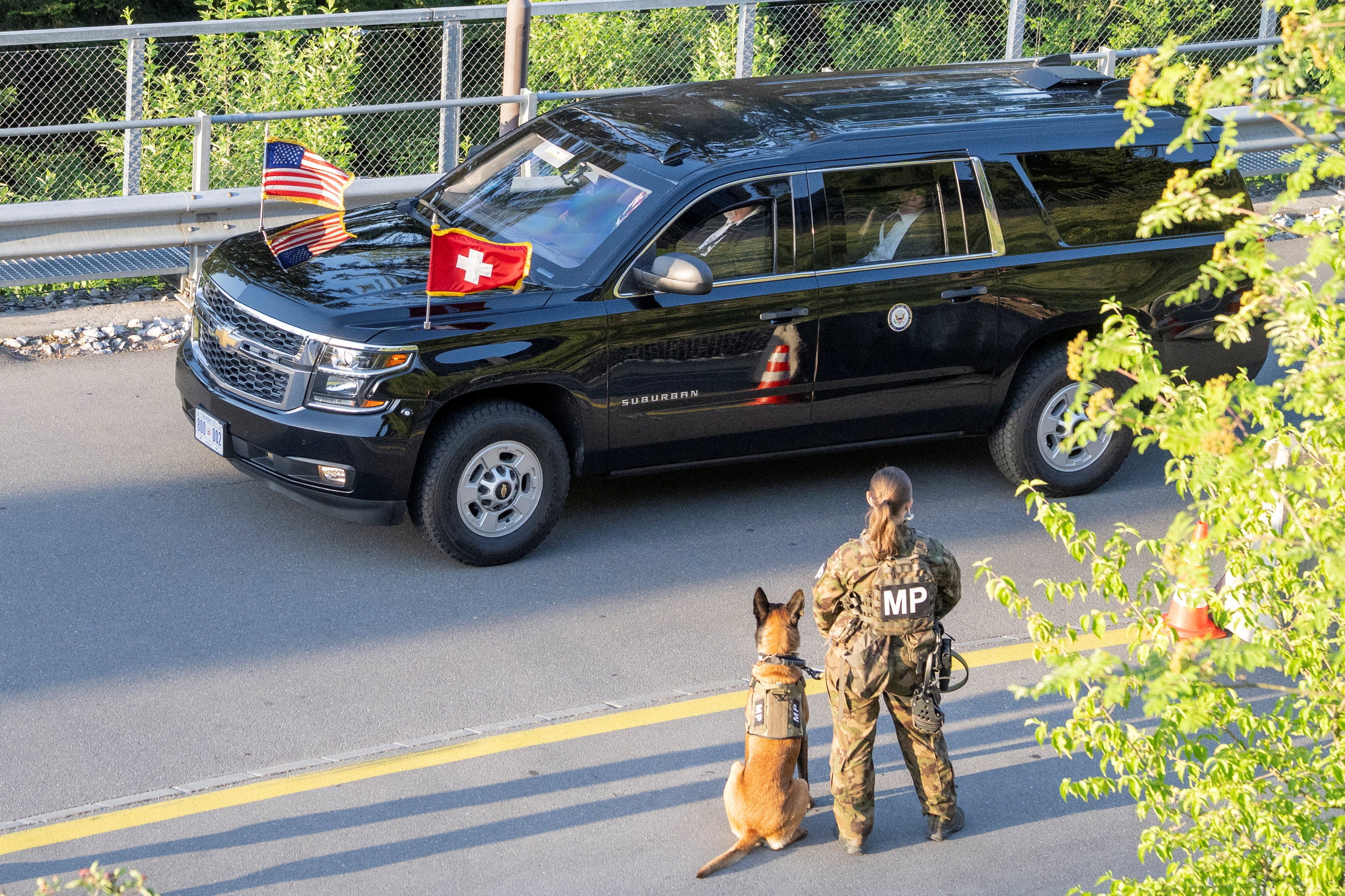 A vehicle of the convoy with US-Vice-President JD Vance arrives at the Buergenstock resort in Obbuergen, near Lucerne, Switzerland, Sunday, June 21, 2026.