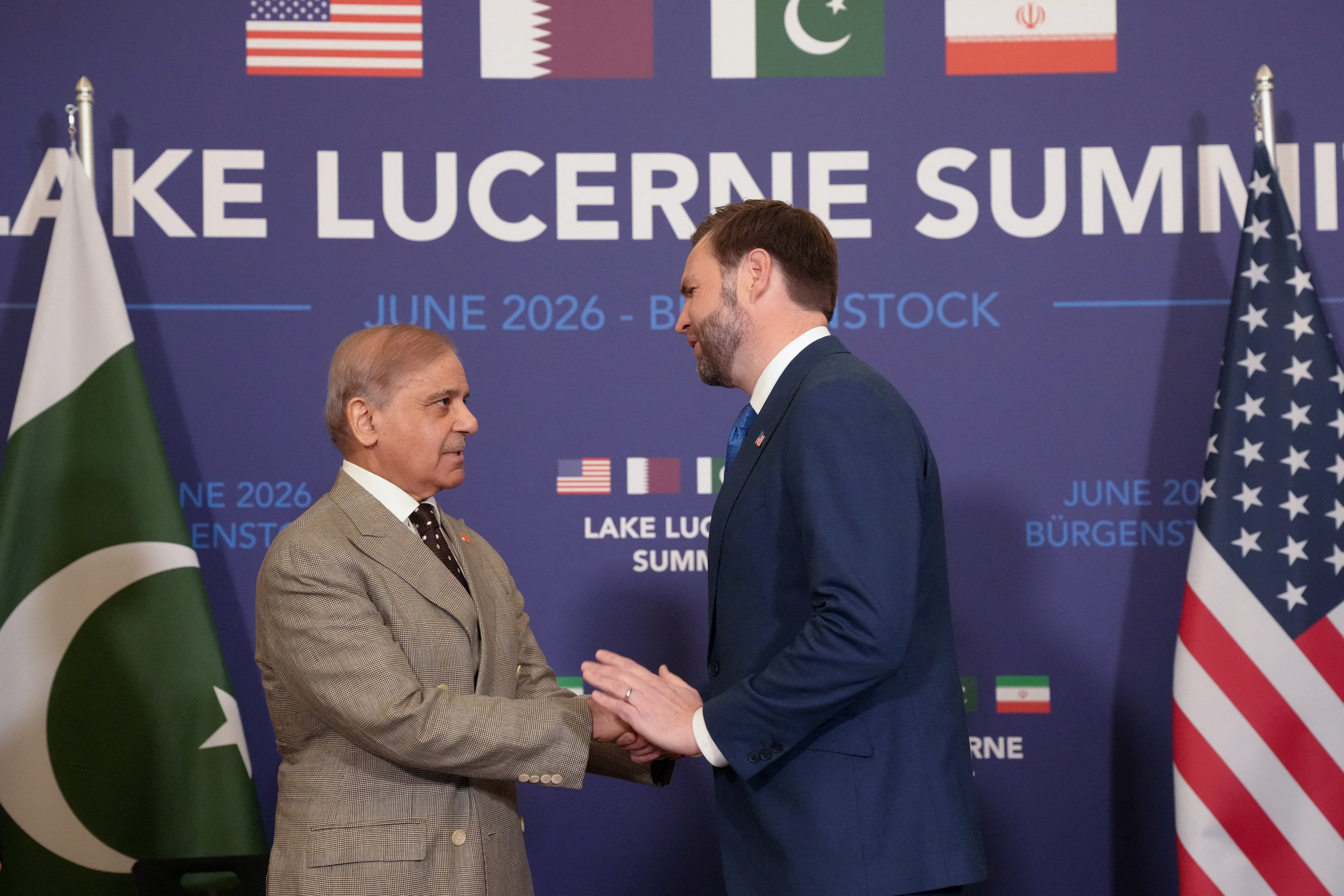 US Vice President JD Vance meets with Pakistan's Prime Minister Shehbaz Sharif, during high-level talks aimed at advancing a deal to end the Middle East conflict, at the Buergenstock Resort Lake Lucerne, near Stansstad, Switzerland, June 21, 2026.
