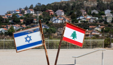 Representations of the Israeli and Lebanese flags at a memorial outside Metula