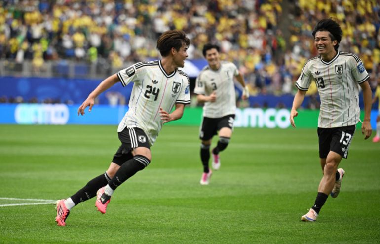 Soccer Football - FIFA World Cup 2026 - Round of 32 - Brazil v Japan - Houston Stadium, Houston, Texas, U.S. - June 29, 2026 Japan's Kaishu Sano celebrates scoring their first goal REUTERS/Annegret Hilse