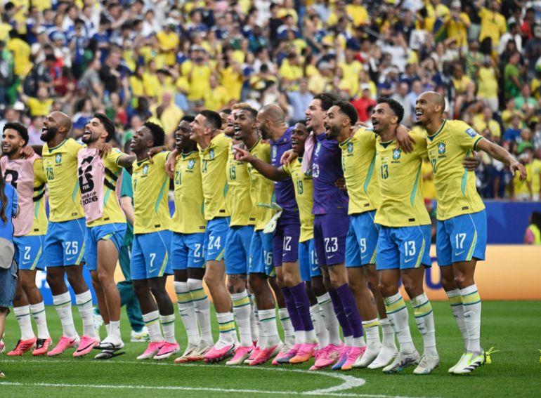 Soccer Football - FIFA World Cup 2026 - Round of 32 - Brazil v Japan - Houston Stadium, Houston, Texas, U.S. - June 29, 2026 Brazil players celebrate after the match REUTERS/Annegret Hilse