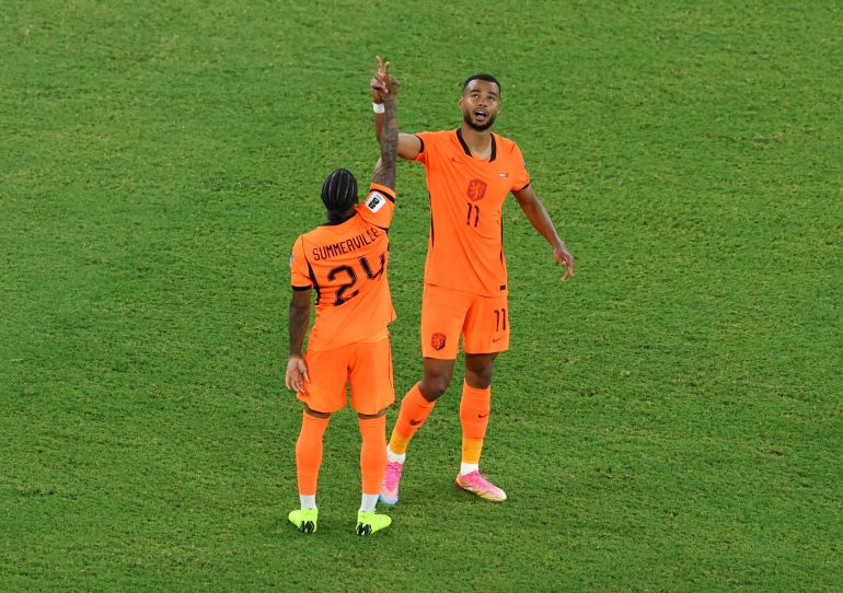 Soccer Football - FIFA World Cup 2026 - Round of 32 - Netherlands v Morocco - Estadio Monterrey, Monterrey, Mexico - June 29, 2026 Netherlands' Cody Gakpo celebrates scoring their first goal with Crysencio Summerville REUTERS/Raquel Cunha TPX IMAGES OF THE DAY