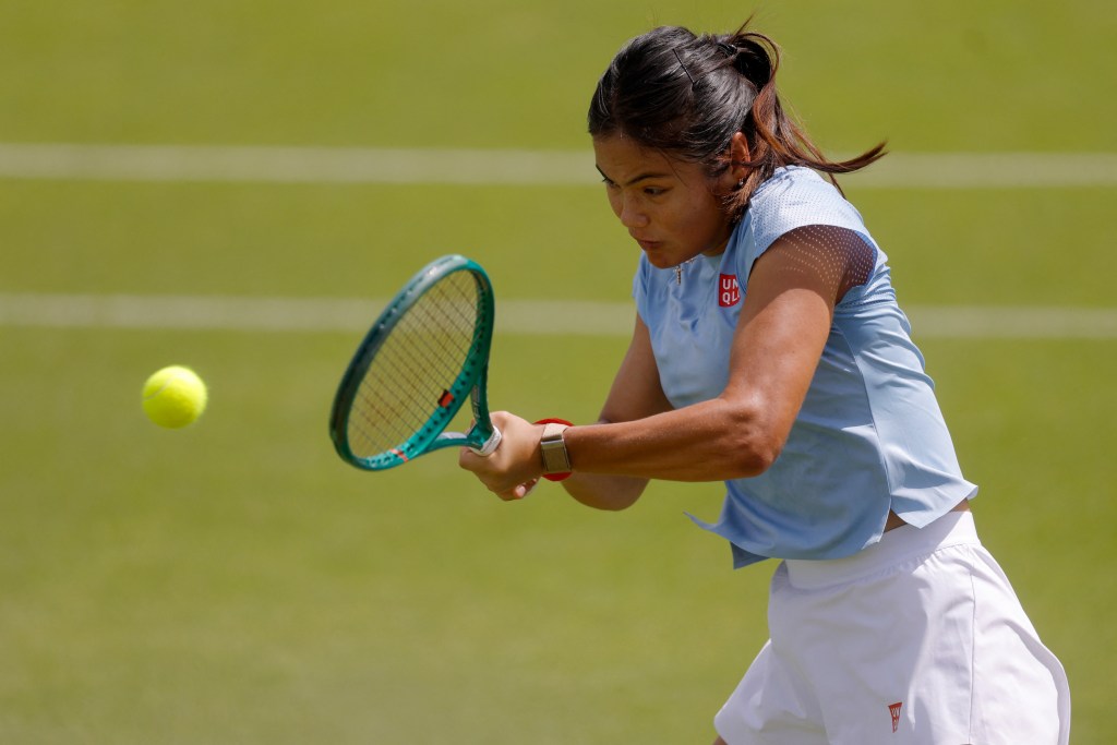 Britain's Emma Raducanu playing tennis during practice.