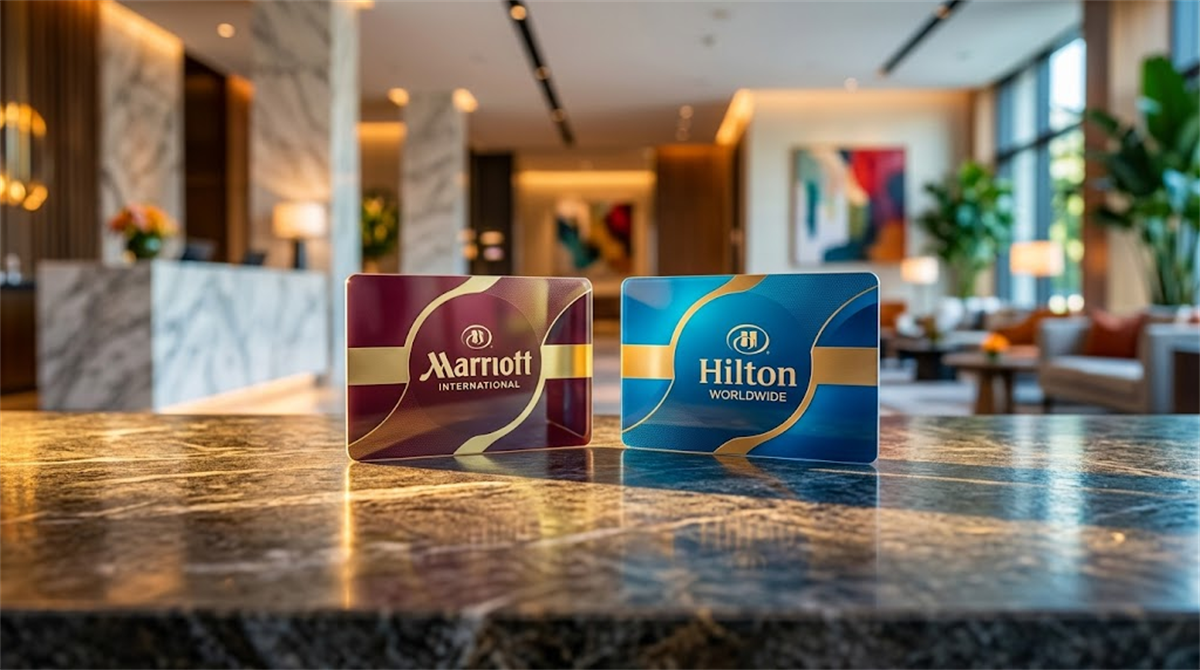 Marriott International and Hilton Worldwide loyalty card keys displayed on a marble hotel lobby counter.