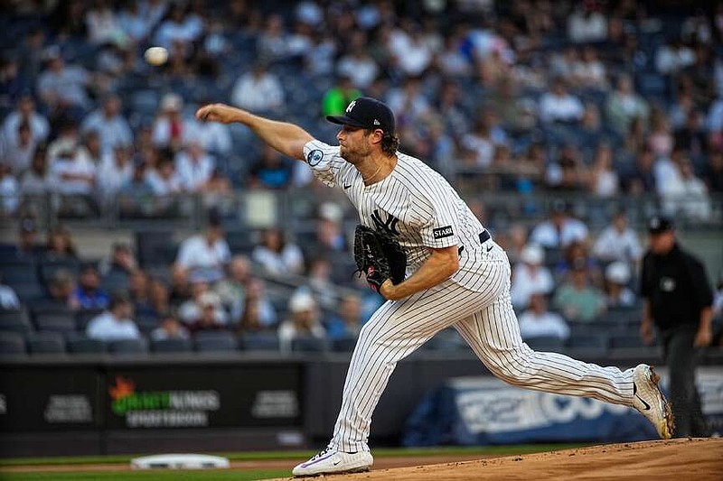 New York Yankees pitcher Gerrit Cole throws during the first inning of a baseball game against the Chicago White Sox, Tuesday, June 16, 2026, in New York. (AP Photo/Eduardo Munoz Alvarez)
