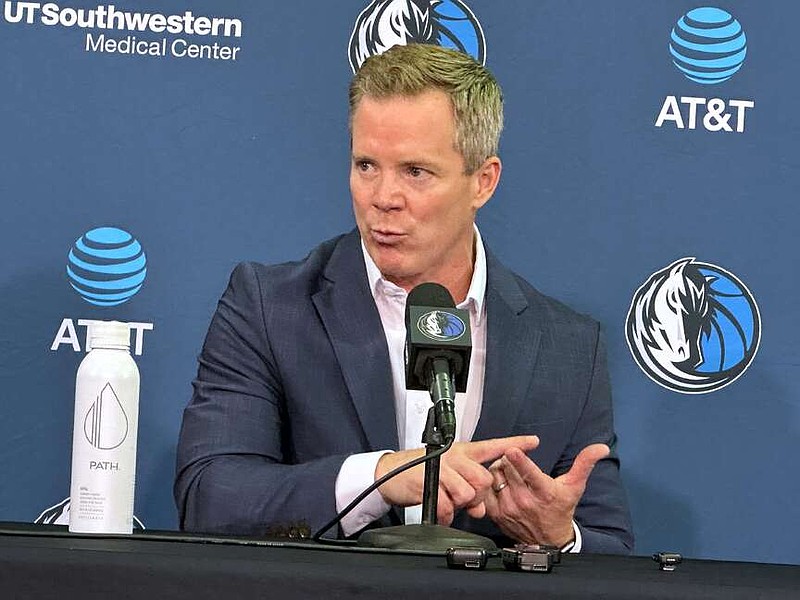 New Dallas Mavericks coach Dusty May addresses reporters during his introductory NBA basketball news conference in Dallas, Monday, June 29, 2026. (AP Photo/Schuyler Dixon)