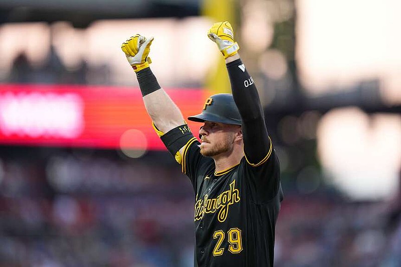 Pittsburgh Pirates' Ryan O'Hearn reacts after hitting a run-scoring single against Philadelphia Phillies pitcher Aaron Nola during the fifth inning of a baseball game Monday, June 29, 2026, in Philadelphia. (AP Photo/Matt Slocum)