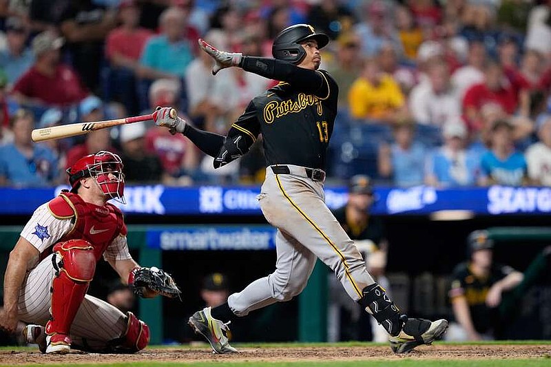 Pittsburgh Pirates' Endy Rodríguez follows through after hitting a three-run home run against Philadelphia Phillies' Chase Shugart during the ninth inning of a baseball game Monday, June 29, 2026, in Philadelphia. (AP Photo/Matt Slocum)