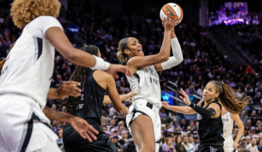 Las Vegas Aces' A'ja Wilson (22) passes to a teammate in the second half of a WNBA ba ...