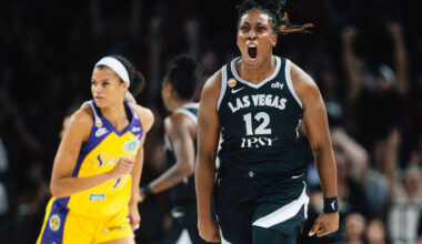 Aces guard Chelsea Gray celebrates in a WNBA basketball game against the Los Angeles Sparks at ...