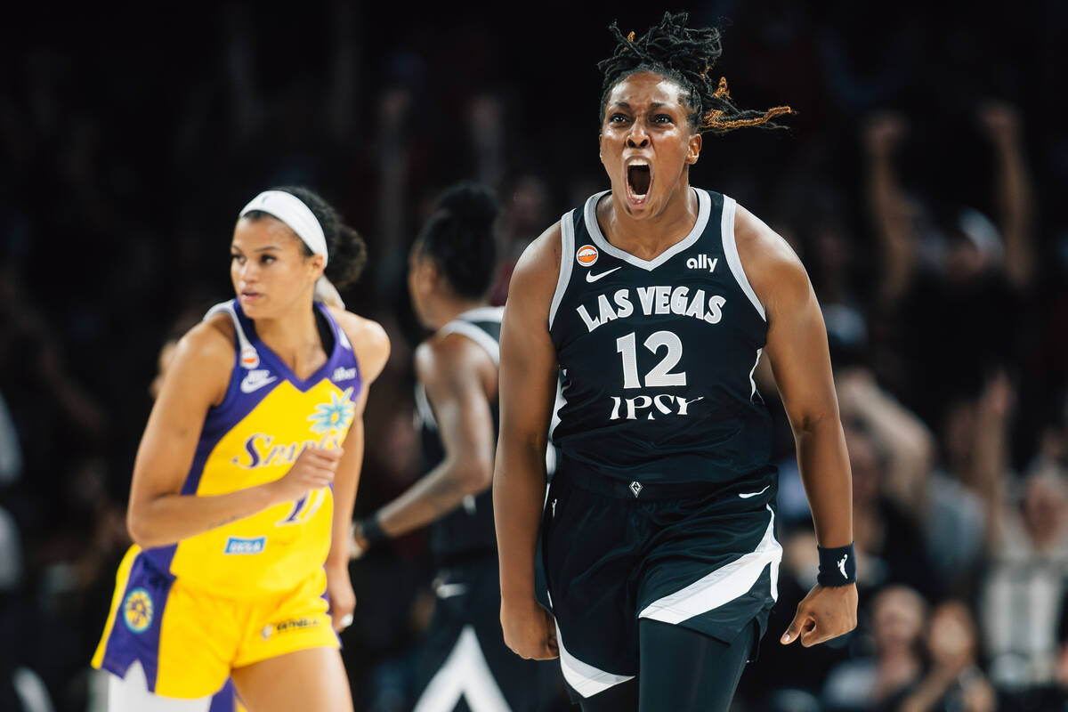 Aces guard Chelsea Gray celebrates in a WNBA basketball game against the Los Angeles Sparks at ...