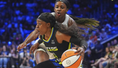 Dallas Wings guard Arike Ogunbowale, front, dribbles against Las Vegas Aces guard Jackie Young, ...