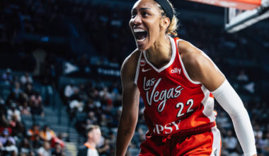 Aces center A'ja Wilson (22) celebrates being fouled on in a WNBA basketball game against ...