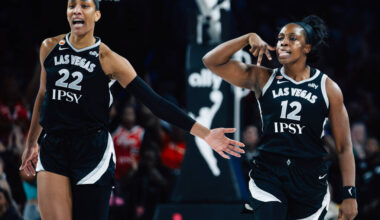 Aces center A'ja Wilson (22) and Aces guard Chelsea Gray (12) react to a shot by Gray duri ...