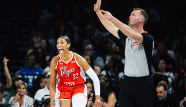 Aces center A'ja Wilson (22) celebrates a shot during a WNBA basketball game against the D ...