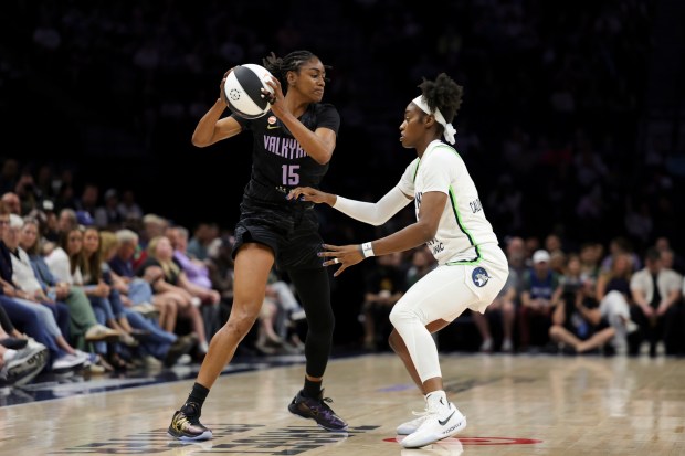 MINNEAPOLIS, MINNESOTA - JUNE 04: Tiffany Hayes #15 of the Golden State Valkyries handles the ball against Maya Caldwell #3 of the Minnesota Lynx during the first quarter at Target Center on JUNE 04, 2026 in Minneapolis, Minnesota. NOTE TO USER: User expressly acknowledges and agrees that, by downloading and or using this photograph, User is consenting to the terms and conditions of the Getty Images License Agreement. (Photo by Ellen Schmidt/Getty Images)