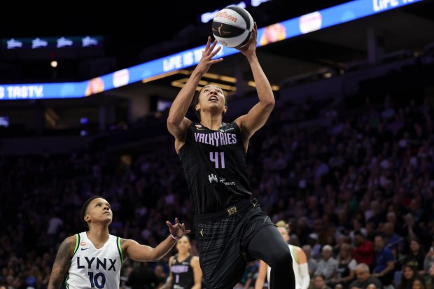 MINNEAPOLIS, MINNESOTA - JUNE 04: Kiah Stokes #41 of the Golden State Valkyries shoots against Courtney Williams #10 of the Minnesota Lynx during the second quarter at Target Center on JUNE 04, 2026 in Minneapolis, Minnesota. NOTE TO USER: User expressly acknowledges and agrees that, by downloading and or using this photograph, User is consenting to the terms and conditions of the Getty Images License Agreement. (Photo by Ellen Schmidt/Getty Images)