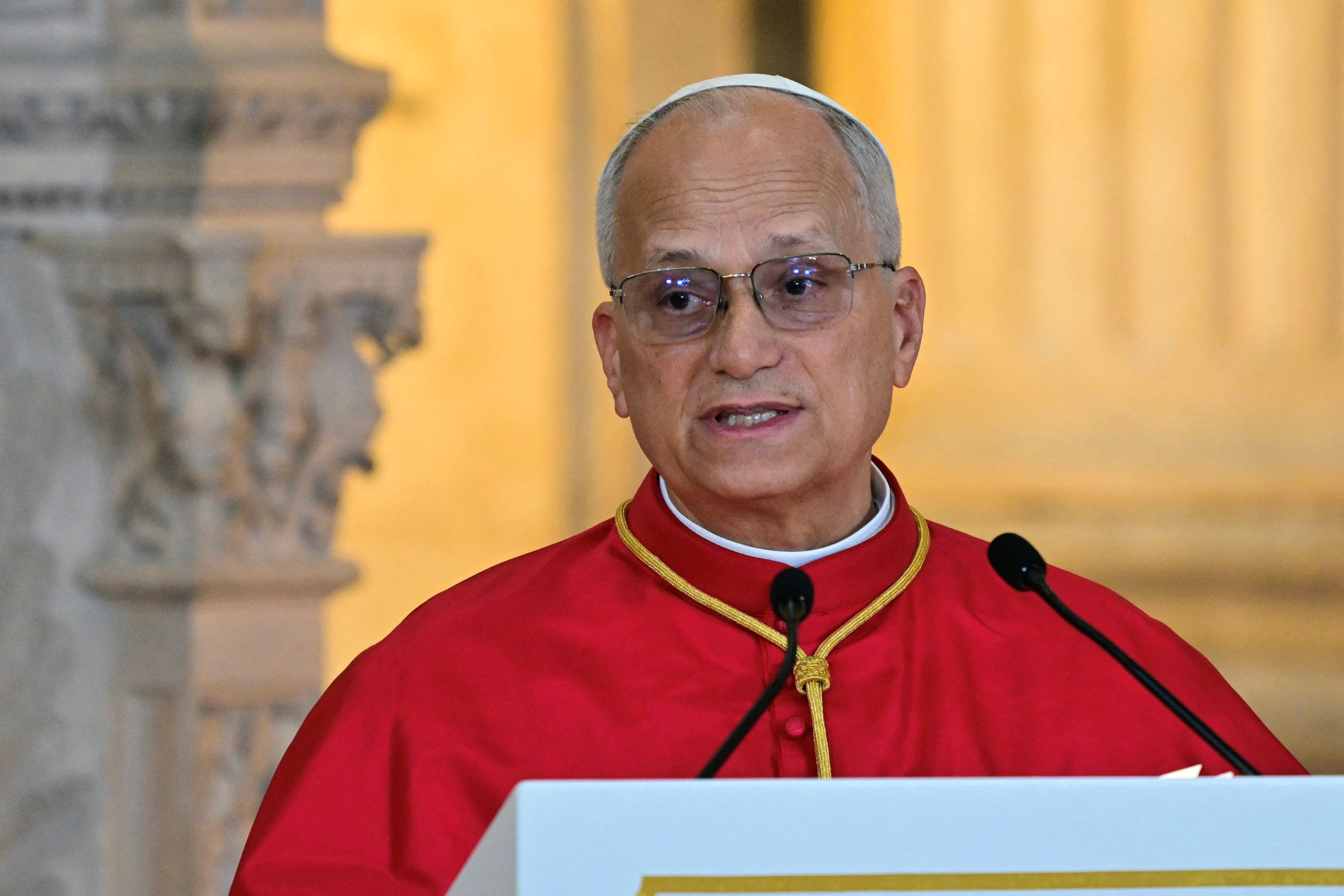 Pope Leo XIV speaks to the diplomatic community during a welcome ceremony at the Royal Palace in Madrid