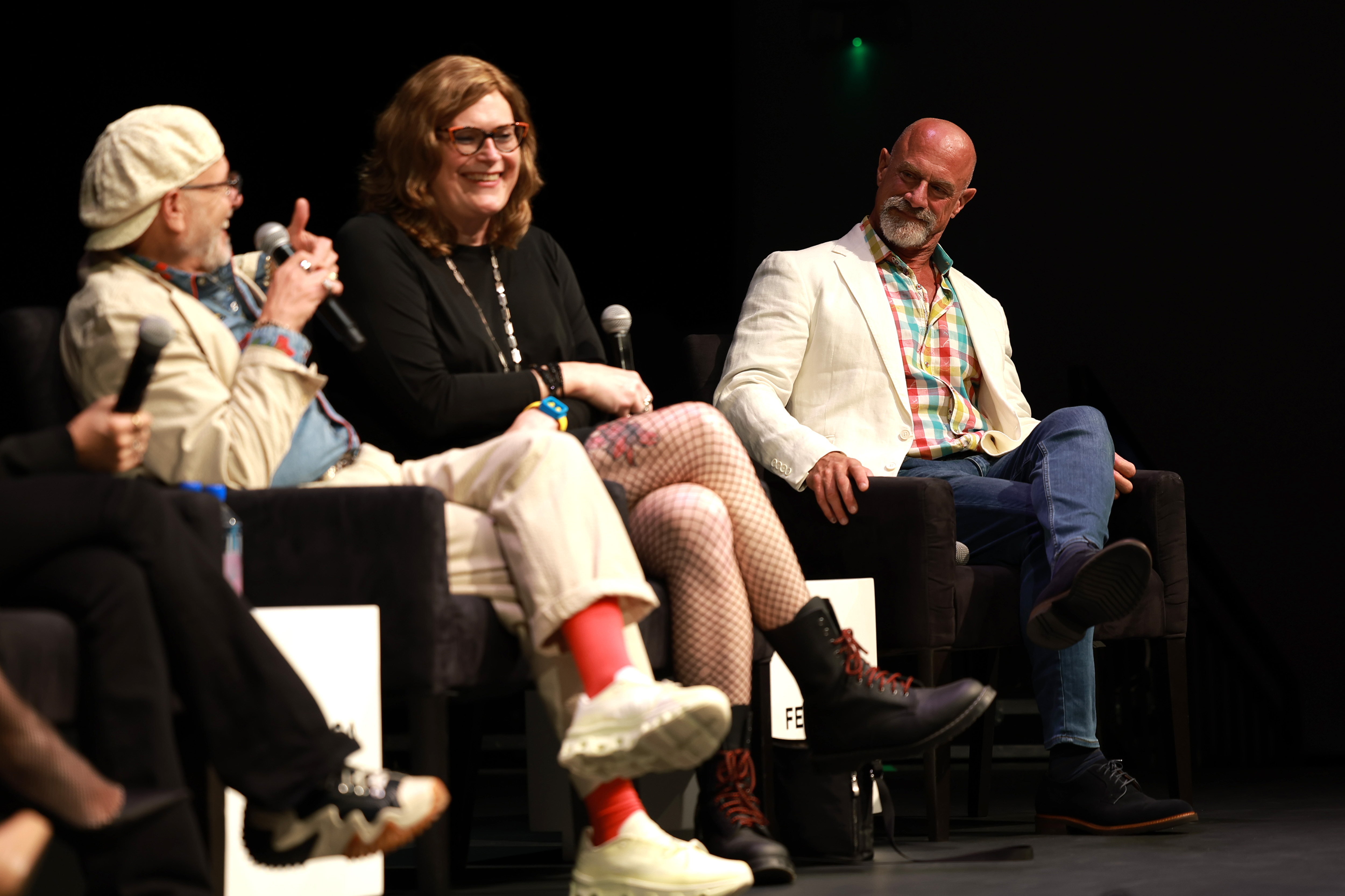 NEW YORK, NEW YORK - JUNE 07: (L-R) Joe Pantoliano, Lilly Wachowski, and Christopher Meloni speak at the 