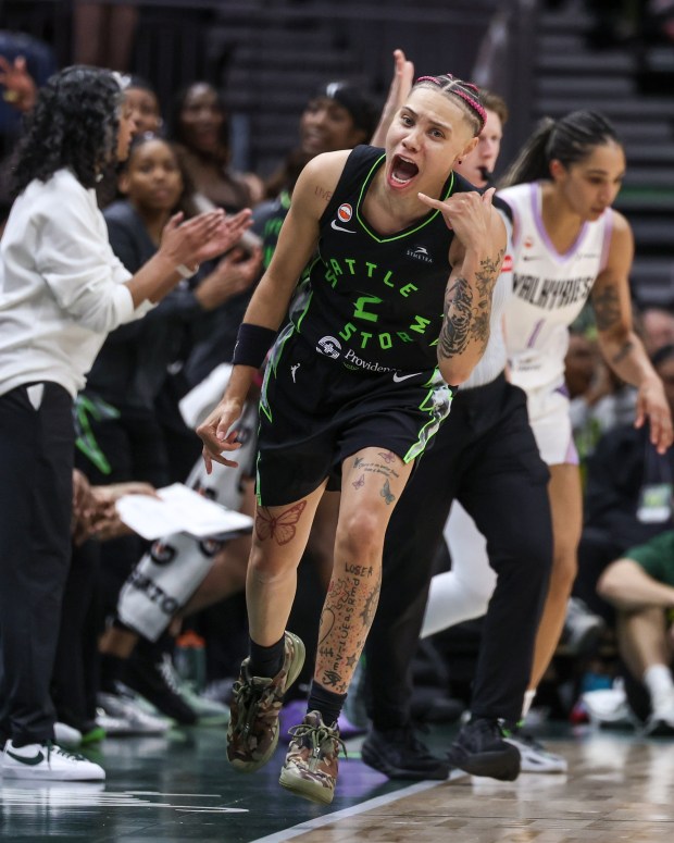 SEATTLE, WASHINGTON - JUNE 12: Natisha Hiedeman #2 of the Seattle Storm reacts after a three pointer during the third quarter against the Golden State Valkyries at Climate Pledge Arena on June 12, 2026 in Seattle, Washington. NOTE TO USER: User expressly acknowledges and agrees that, by downloading and or using this photograph, User is consenting to the terms and conditions of the Getty Images License Agreement. (Photo by Jack Compton/Getty Images)