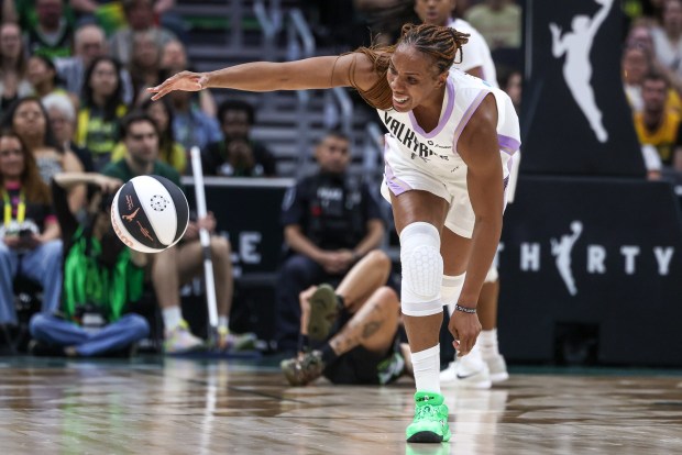 SEATTLE, WASHINGTON - JUNE 12: Kayla Thornton #5 of the Golden State Valkyries chases a loose ball during the fourth quarter against the Seattle Storm at Climate Pledge Arena on June 12, 2026 in Seattle, Washington. NOTE TO USER: User expressly acknowledges and agrees that, by downloading and or using this photograph, User is consenting to the terms and conditions of the Getty Images License Agreement. (Photo by Jack Compton/Getty Images)