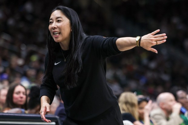 SEATTLE, WASHINGTON - JUNE 12: Head coach Natalie Nakase of the Golden State Valkyries communicates with the bench during the third quarter against the Seattle Storm at Climate Pledge Arena on June 12, 2026 in Seattle, Washington. NOTE TO USER: User expressly acknowledges and agrees that, by downloading and or using this photograph, User is consenting to the terms and conditions of the Getty Images License Agreement. (Photo by Jack Compton/Getty Images)