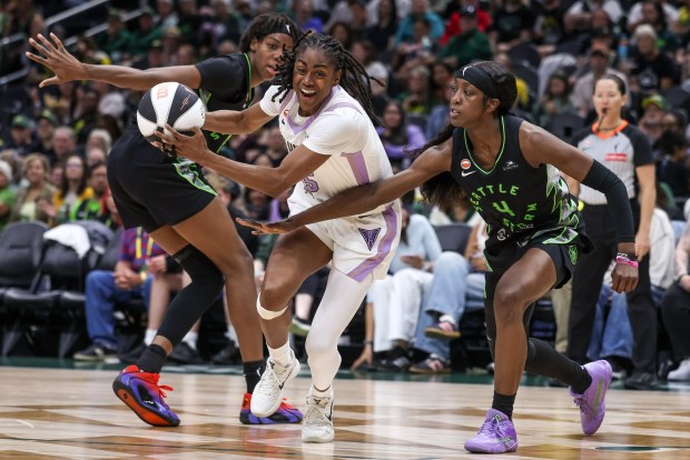 SEATTLE, WASHINGTON - JUNE 12: Tiffany Hayes #15 of the Golden State Valkyries fights through contact from Flau'jae Johnson #4 of the Seattle Storm during the third quarter at Climate Pledge Arena on June 12, 2026 in Seattle, Washington. NOTE TO USER: User expressly acknowledges and agrees that, by downloading and or using this photograph, User is consenting to the terms and conditions of the Getty Images License Agreement. (Photo by Jack Compton/Getty Images) ***BESTPIX***