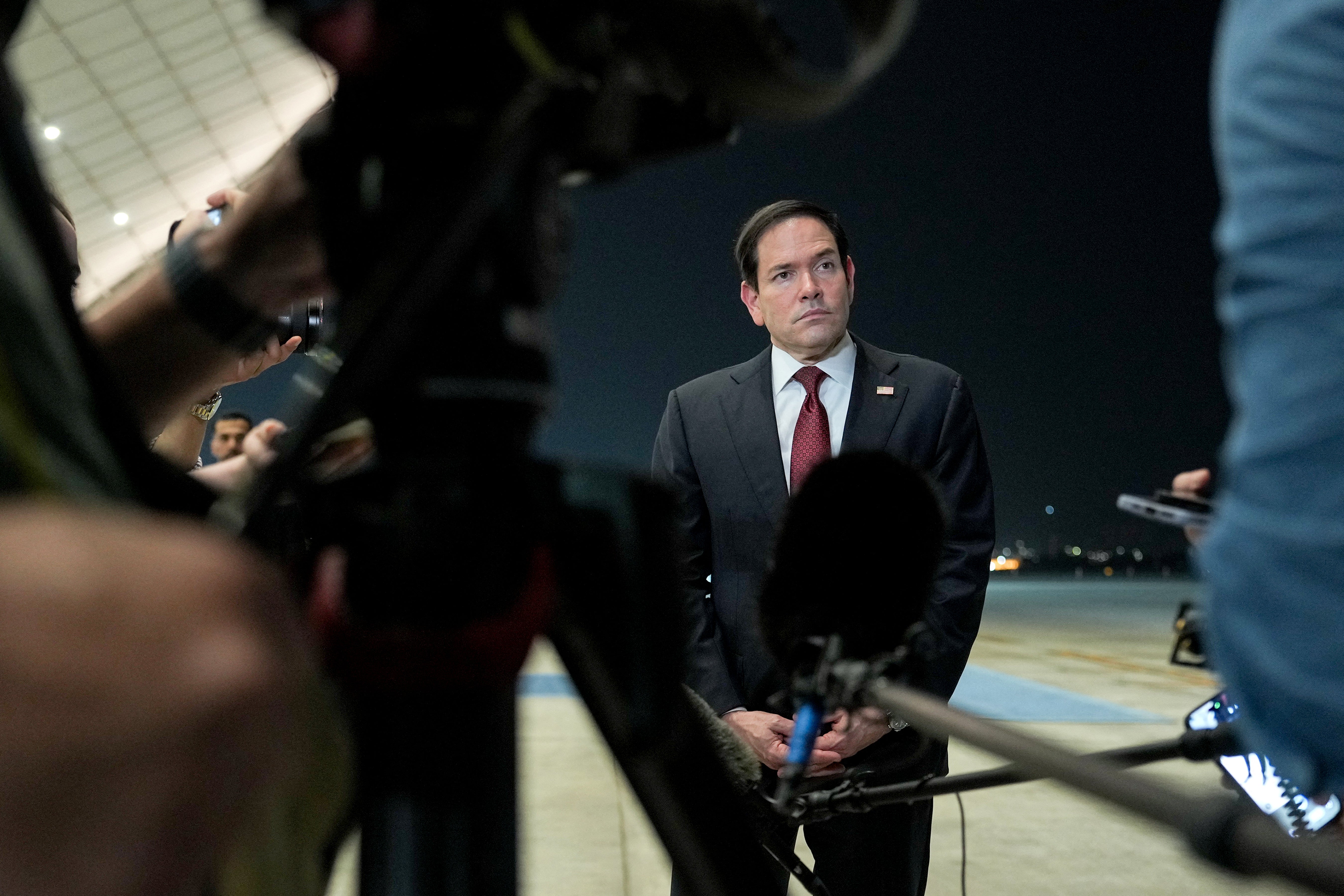 US Secretary of State Marco Rubio speaks to the media upon arrival at Al-Bateen Executive Airport in Abu Dhabi on June 23, 2026