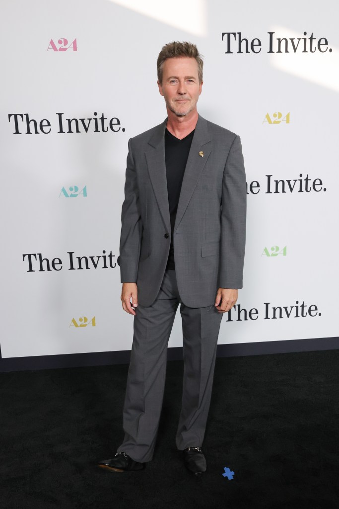 Edward Norton attends the Los Angeles premiere of A24's "The Invite" at DGA Theatre on June 24, 2026 in Los Angeles, California. 